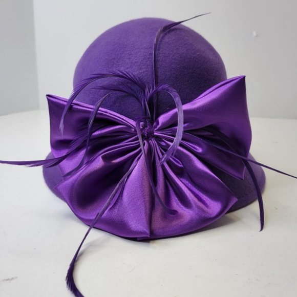 Purple Wool Hat Purple Satin Bows Feathers Cloche Bucket Dress Hat Church Hat main image 16